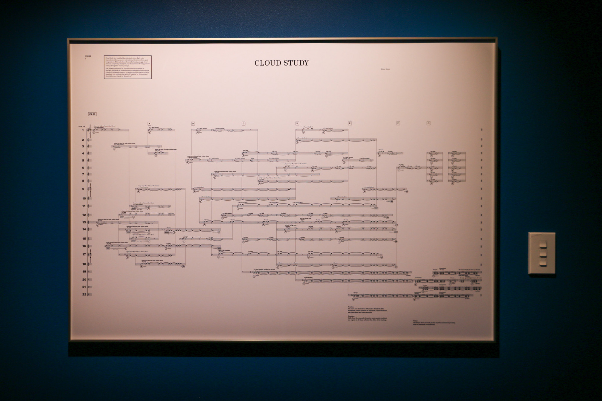 On a blue wall under a spotlight is a framed artwork which has written music and the title CLOUD STUDY.
