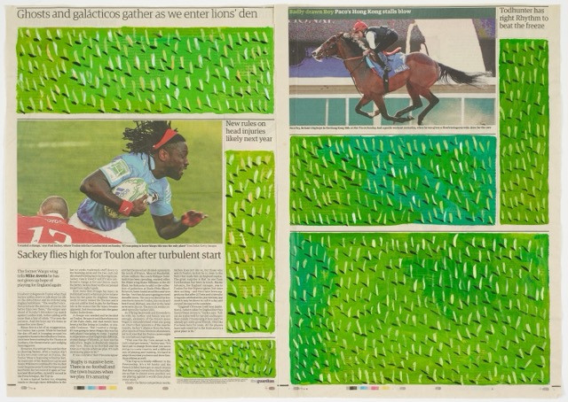 A double spread page from The Guardian newspaper has drawings which cover large areas of article text with a green abstract pattern. Two articles have images, one of a Black person riding a horse and the other playing rugby are visible.