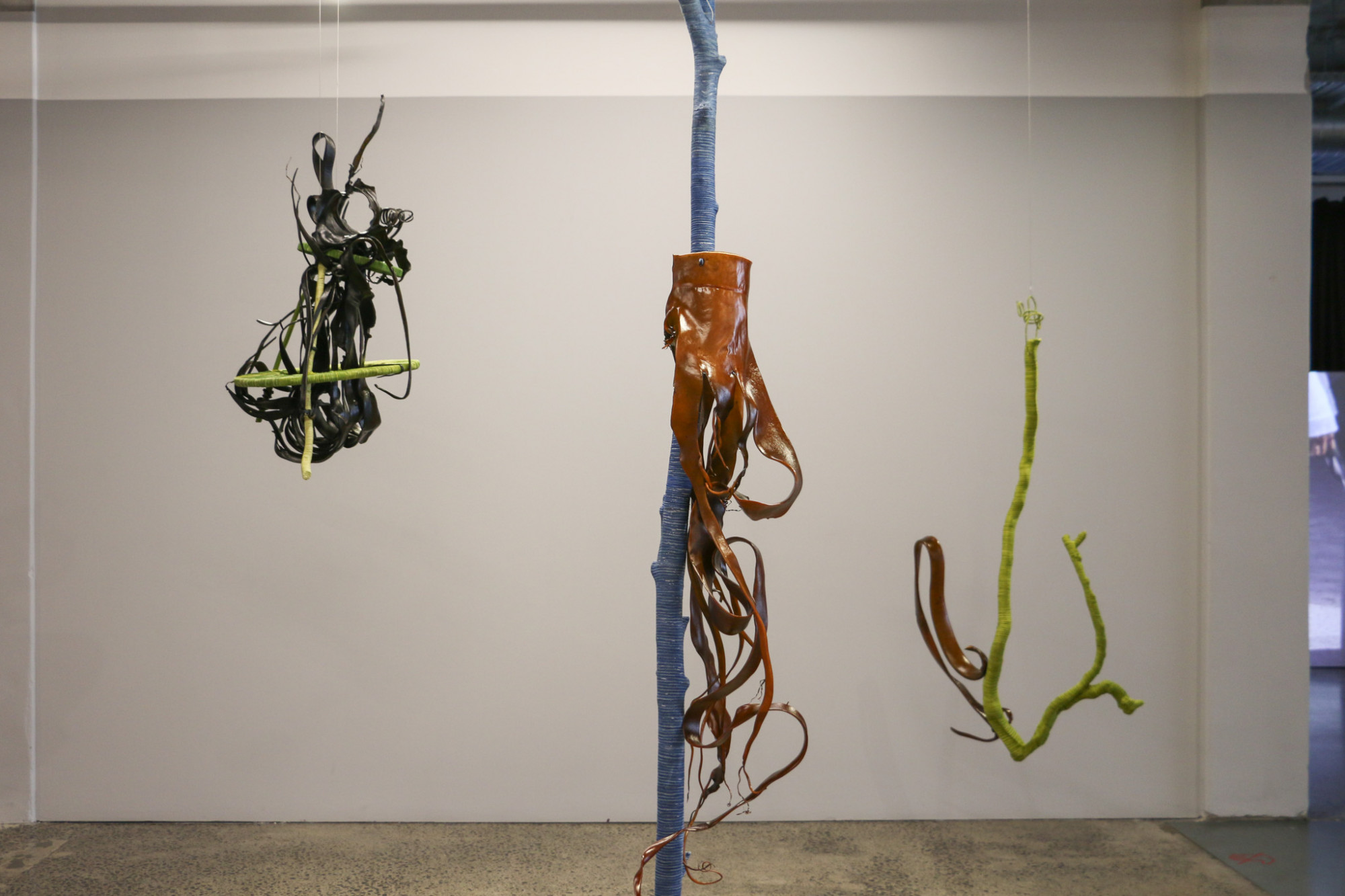 An installation of three sculptures made of seaweed and driftwood. The central work has a driftwood pole which stands straight with seaweed attached and two works are suspended either side.