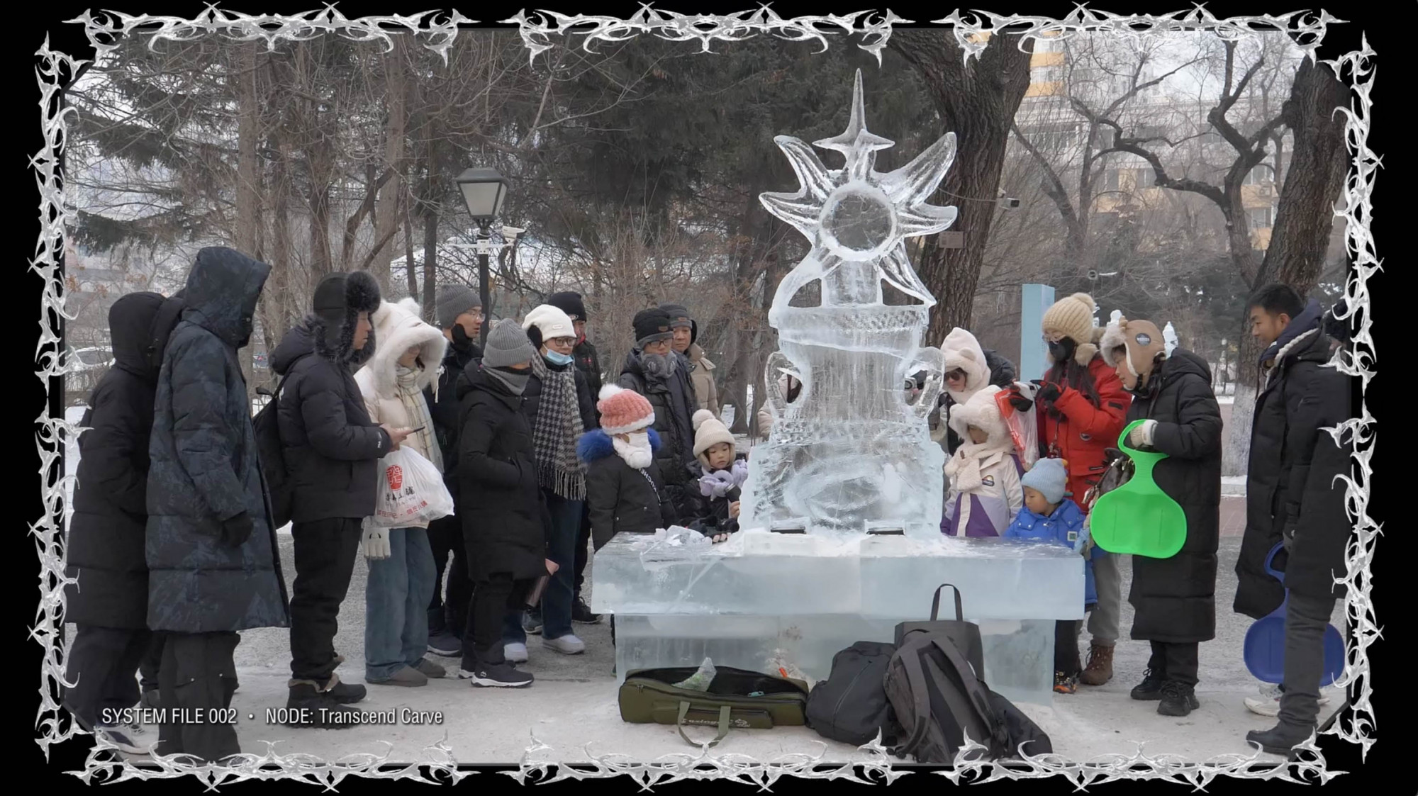 a screenshot of a landscape video showing 15 people in thick puffer jackets gathering around a 2 meters tall ice sculpture, watching a lady carving the ice in the day time
