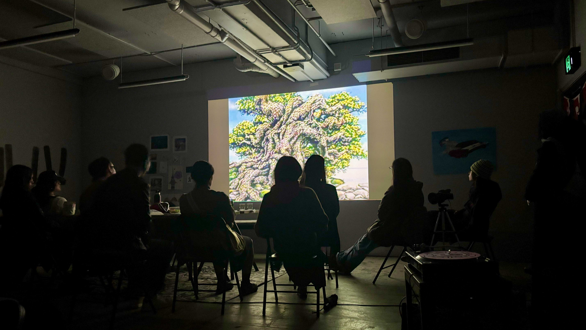 A group of people sitting in the dark watching a film projected onto the wall.